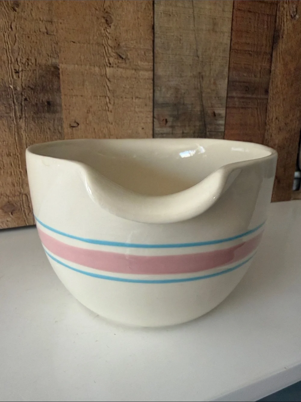 VTG McCoy Pottery Model 129~ 2 Quart Cream Batter Bowl Pink and Blue Stripe